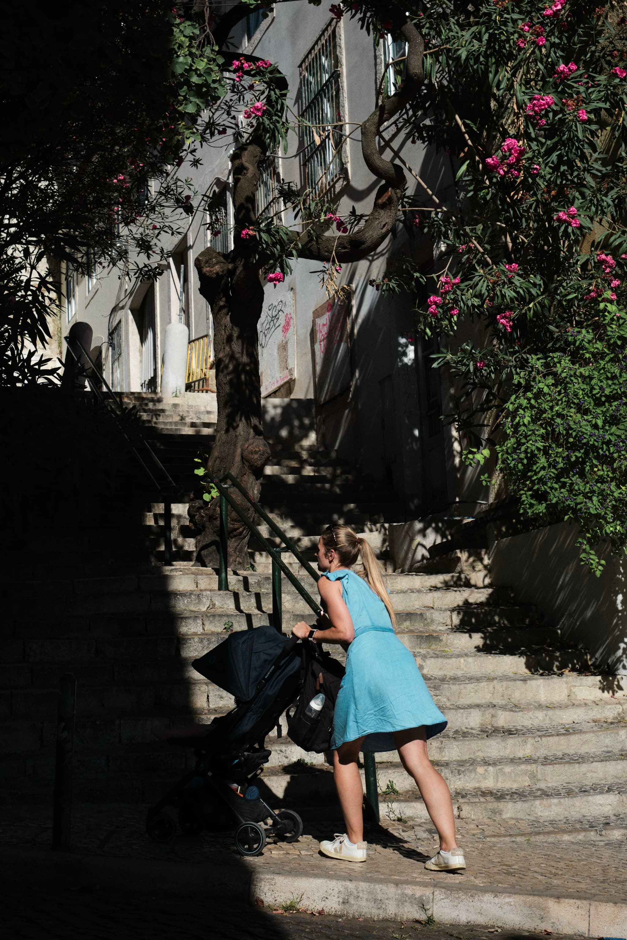 A woman in a blue dress pushes a stroller up a set of stone steps, surrounded by greenery and pink flowers