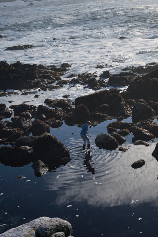 A person walking through shallow water surrounded by rocks, with waves in the background