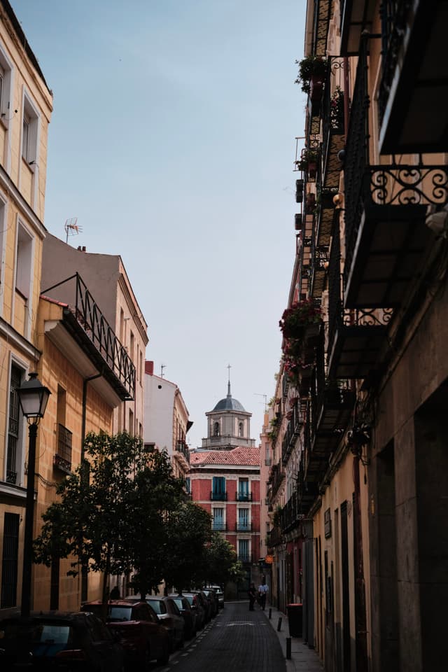 A narrow street lined with buildings on both sides, featuring balconies and a distant view of a dome-topped structure under a clear sky