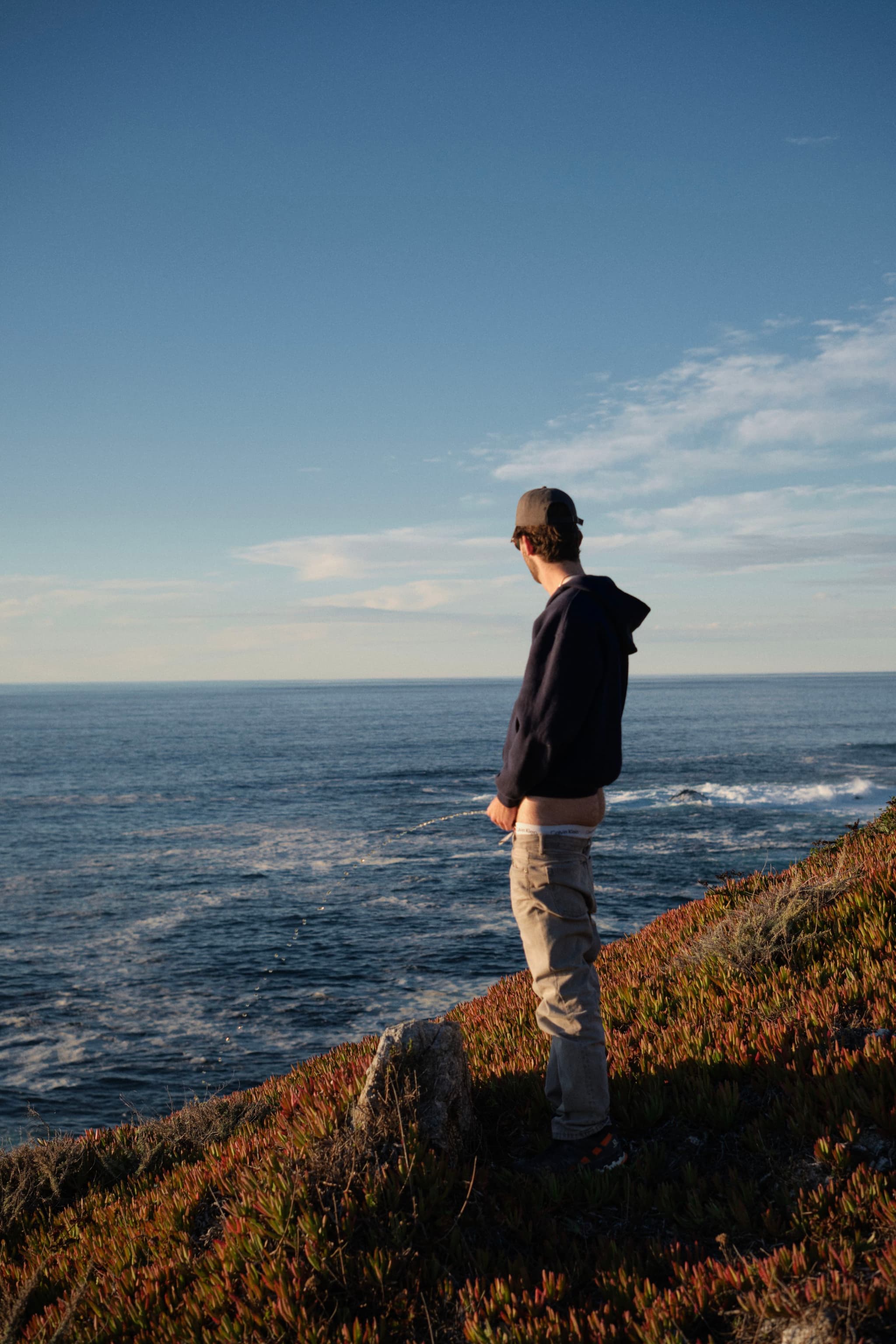 A person wearing a cap and hoodie stands on a grassy cliff, gazing at the ocean under a clear blue sky